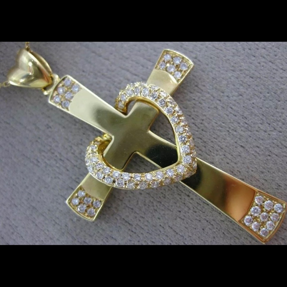 ✝️ 14k YG 1.18cwt Large Diamond Cross & Heart Pendant